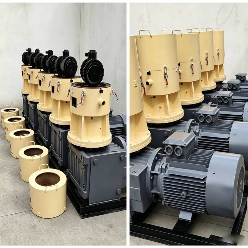 Workshop batch display of flat die wood pellet mills with integrated reducer motors and spare ring dies