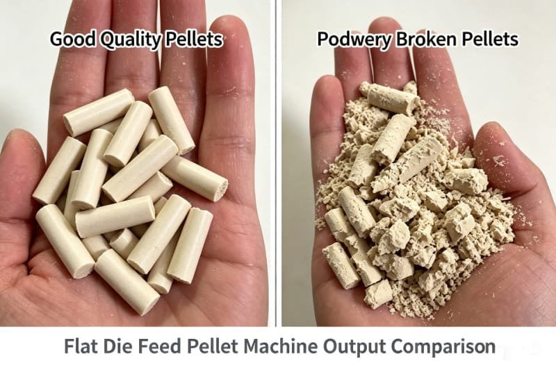 A side-by-side comparison of good, smooth feed pellets and a pile of powdery, broken pellets from a flat die feed pellet machine.