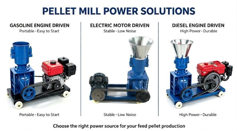 An infographic showing a powerless pellet mill connected to an electric motor, a diesel engine, and a gasoline engine.