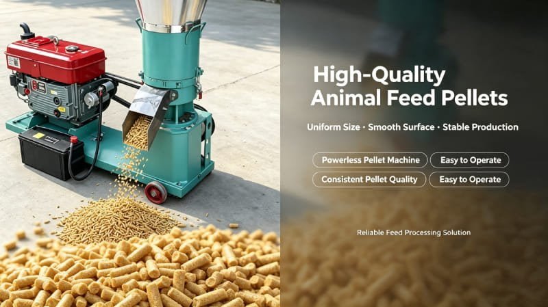 Close-up of high-quality, uniform animal feed pellets produced by a powerless pellet machine.
