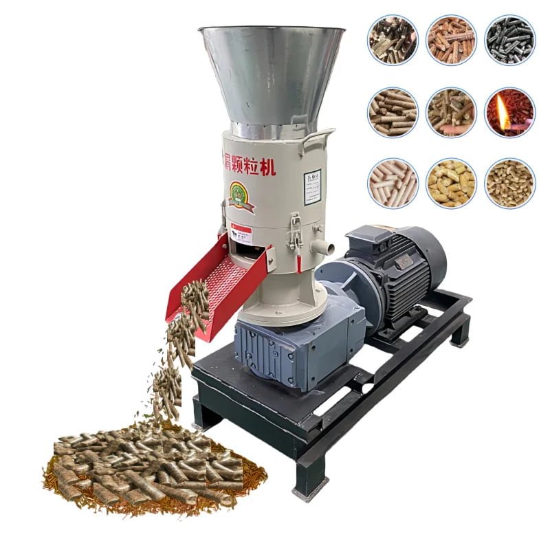 Vertical flat die wood pellet mill, biomass fuel pellet making machine, discharging finished pellets