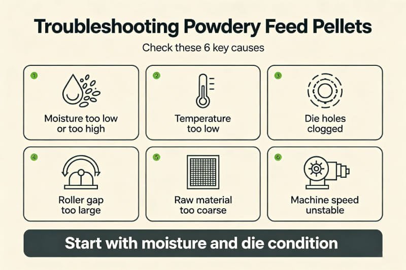 An infographic checklist showing the steps to troubleshoot a pellet machine not forming properly.