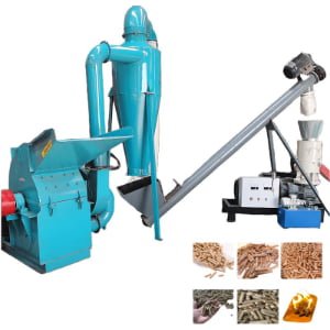 Complete biomass pellet production line including hammer mill, cyclone dust collector, screw conveyor and wood pellet machine, finished fuel pellets display