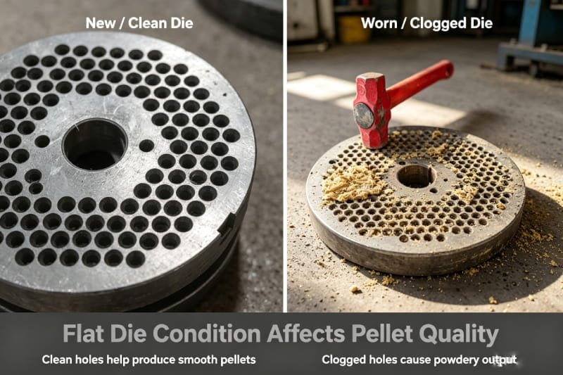 Comparison of a new, clean flat die with a worn, clogged die causing feed pellet making problems.